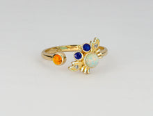 Load image into Gallery viewer, 14k solid gold ring with natural opal, sapphire and diamonds. Funny crab gold ring. Animal design ring. Dainty opal ring. October birthstone