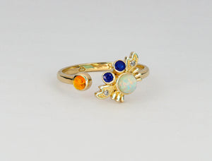 14k solid gold ring with natural opal, sapphire and diamonds. Animal design ring. Dainty opal ring. Colorful ring. September birthstone.