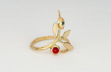 Load image into Gallery viewer, Genuine Ruby solid gold ring. Pomegranate tree ring.  Cabochon ruby ring.  Statement ruby ring. July birthstone. Flower ring. Fruit ring.
