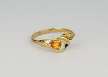 Load image into Gallery viewer, Natural sapphire ring. Calla Lily gold ring. September birthstone ring. Flower gold ring. Yellow sapphire ring. Leaf Ring. Pear sapphire