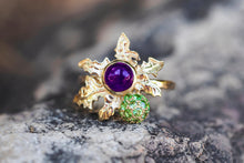 Load image into Gallery viewer, Thistle ring with natural amethyst in 14k gold. Thistle Ring. Flower gold ring. Amethyst and peridots ring. Leaf gold Ring. Purple gem ring