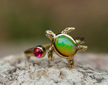 Load image into Gallery viewer, 14k solid gold ring with opal, ruby and diamonds. Sea Turtle gold ring. Animal design ring. Dainty opal ring. Colorful ring. Open Ended Ring