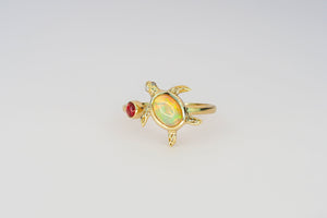 14k solid gold ring with opal, ruby and diamonds. Sea Turtle gold ring. Animal design ring. Dainty opal ring. Colorful ring. Open Ended Ring