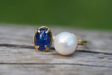 Load image into Gallery viewer, Solid 14 K Gold Sapphire September Birthstone and Pearl ring. Gold ring with sapphire. Akoya Pearl ring. Blue gemstone ring. Open Ended Ring