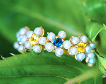Load image into Gallery viewer, Semi Eternity Solid 14K Gold Natural Sapphire and Pearl ring. September Birthstone. Gold ring with blue and yellow sapphires. Flower ring.