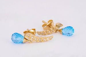 Sky blue Topazes and diamonds 14k gold earrings studs. Briolette topazes earrings.  Gold drop earrings. Statement earrings.