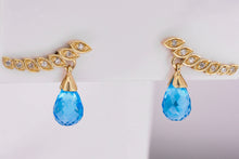 Load image into Gallery viewer, Sky blue Topazes and diamonds 14k gold earrings studs. Briolette topazes earrings.  Gold drop earrings. Statement earrings.