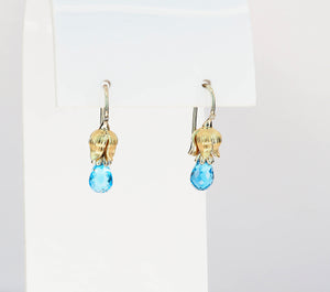 Topazes and diamonds earrings. Briolette topazes earrings. Lily flower earrings. Gold drop earrings. Statement earrings. Plant earrings