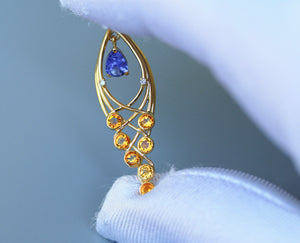 Solid 14 Kt Gold Pendant with natural Tanzanite, Sapphires and Diamonds. Yellow sapphire pendant. Teardrop Tanzanite. December birthstone.