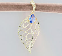 Load image into Gallery viewer, Gold Leaf pendant with natural tanzanite. 14k solid gold pendant with Tanzanite &amp; diamonds. Teardrop Tanzanite Pendant. December birthstone