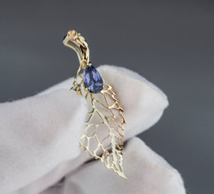Gold Leaf pendant with natural tanzanite. 14k solid gold pendant with Tanzanite & diamonds. Teardrop Tanzanite Pendant. December birthstone