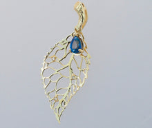 Load image into Gallery viewer, 14k solid gold Leaf pendant with blue Sapphire. 14k gold pendant with sapphire and diamonds. Sapphire gold charm. September birthstone