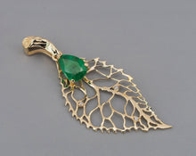 Load image into Gallery viewer, Emerald pendant. Gold Leaf pendant with pear Emerald. 14k gold pendant with emerald and diamonds. Teardrop Emerald Pendant. May birthstone.