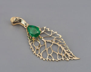 Emerald pendant. Gold Leaf pendant with pear Emerald. 14k gold pendant with emerald and diamonds. Teardrop Emerald Pendant. May birthstone.