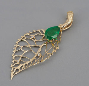 Emerald pendant. Gold Leaf pendant with pear Emerald. 14k gold pendant with emerald and diamonds. Teardrop Emerald Pendant. May birthstone.