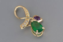 Load image into Gallery viewer, Gold Leaf pendant with pear natural Emerald. 14k gold pendant with emerald, amethyst and diamonds. Teardrop Emerald Pendant. May birthstone.