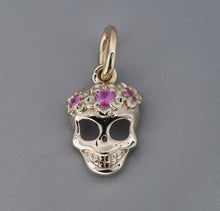 Load image into Gallery viewer, Gold skull pendant. Memento Mori gold charm pendant with sapphire. Pink sapphire pendant. Gold talisman charm. Halloween Skeleton pendant