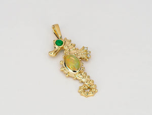 Solid 14 K Gold Seahorse pendant with opal and emerald. Multicolor Ethiopian Opal gemstone. Ocean Mermaid Pendant. Handmade Charm.