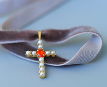 Load image into Gallery viewer, 14 K Gold cross pendant. Orange sapphire pendant. Pearl pendant. September Birthstone Jewelry. Religious Pendant. Oval sapphire pendant