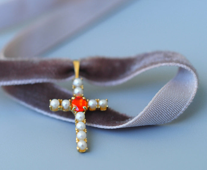 14 K Gold cross pendant. Orange sapphire pendant. Pearl pendant. September Birthstone Jewelry. Religious Pendant. Oval sapphire pendant