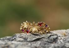 Load image into Gallery viewer, Solid 14k gold Star Anise Flower ring with orange red sapphires and violet amethysts. Nature inspired ring. Spice ring. Botanical Jewelry.
