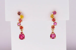 14 kt gold earrings studs with pear rubies and sapphires . Red, pink, orange and yellow gemstone studs.  Colorfull earrings
