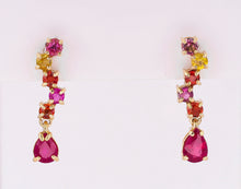 Load image into Gallery viewer, 14 kt gold earrings studs with pear rubies and sapphires . Red, pink, orange and yellow gemstone studs.  Colorfull earrings
