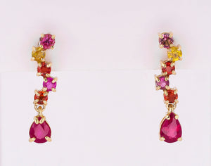 14 kt gold earrings studs with pear rubies and sapphires . Red, pink, orange and yellow gemstone studs.  Colorfull earrings