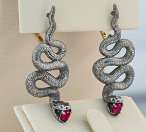 Massive snake earrings.  Genuine ruby and diamond earrings. Two metal earrings: yellow gold, silver. Black mamba earrings.