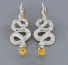 Load image into Gallery viewer, Snake earrings.  Genuine yellow sapphires earrings. Two metal earrings: gold, silver. Serpent Earrings for Women Large