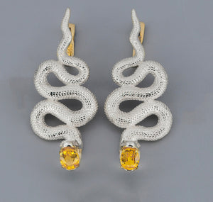 Snake earrings.  Genuine yellow sapphires earrings. Two metal earrings: gold, silver. Serpent Earrings for Women Large