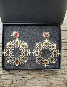 Large 14k gold and 925 silver earrings studs. Genuine ruby earrings. Two Parts Earrings. Transformer studs.  Two metal earrings.