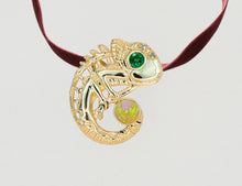 Load image into Gallery viewer, Chameleon pendant with opal, emerald and diamonds. 14k Gold Chameleon Charm. Reptile Charm. Lizard pendant. Animal Jewelry, Wildlife Jewelry
