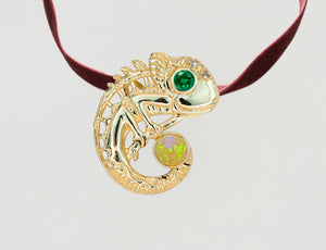 Chameleon pendant with opal, emerald and diamonds. 14k Gold Chameleon Charm. Reptile Charm. Lizard pendant. Animal Jewelry, Wildlife Jewelry