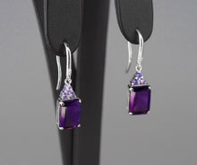 Load image into Gallery viewer, Amethyst earrings. Tanzanite earrings. 14k solid gold earrings. Octagon Shape Gemstone earrings. Purple gemstone earrings. Dangle earrings.