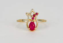 Load image into Gallery viewer, Natural ruby ring. Tulip ring. 14k gold ring. Flower ring. July birthstone. Dainty ring. Gemstone ring. Gold Ring. Floral jewelry. Genuine