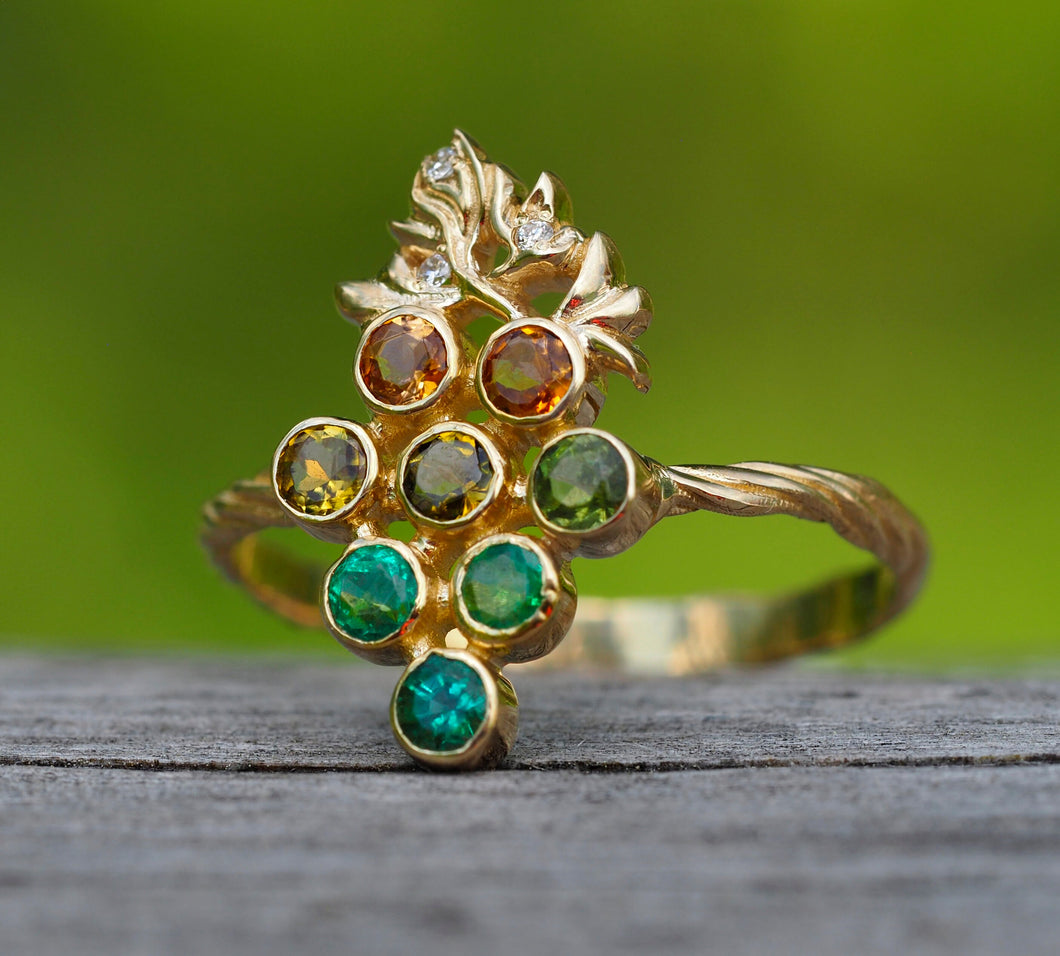 Solid 14k gold Grape ring with emeralds and tourmalines. Vine Leaves Ring. Gold fertility ring. Summer vine ring.