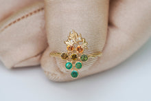 Load image into Gallery viewer, Solid 14k gold Grape ring with emeralds and tourmalines. Vine Leaves Ring. Gold fertility ring. Summer vine ring.