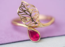 Load image into Gallery viewer, 14k gold ring with ruby. Flower ring. Leaf ring. Dainty ring. Gemstone ring. Gold Ring. Floral jewelry. Genuine ruby ring.