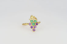 Load image into Gallery viewer, Solid 14k gold Grape ring with emeralds and amethysts. Vine Leaves Ring. Gold fertility ring. Summer vine ring. Plant ring. Nature inspired