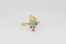 Load image into Gallery viewer, Solid 14k gold Grape ring with emeralds and amethyst. Vine Leaves Ring. Gold fertility ring. Summer vine ring. Plant ring.