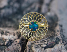 Load image into Gallery viewer, 14k solid gold ring with natural black opal. Geometric ring Dainty colorful opal ring. Anniversary Gift. Unique Floral Ring. Ethiopian opal.