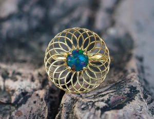 14k solid gold ring with natural black opal. Geometric ring Dainty colorful opal ring. Anniversary Gift. Unique Floral Ring. Ethiopian opal.