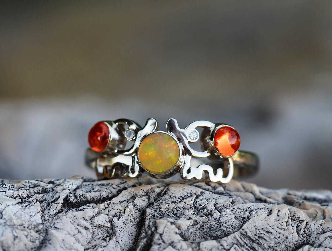 14k solid gold ring with natural opal, sapphires and diamonds. Elephant gold ring. Earth ring. Animal design. Dainty opal ring. October