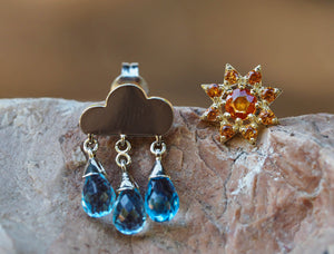 14k Solid Gold Earrings. Weather inspired earrings. Natural topaz briolette studs. Natural sapphire studs. Teardrop earrings