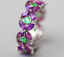 Load image into Gallery viewer, Natural Emerald and Amethyst Eternity Band. Infinity ring. Eternity ring. Marquise Ring. Emerald ring. Amethyst ring. May birthstone.