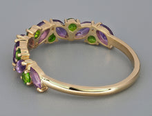 Load image into Gallery viewer, Genuine Chrom Diopside and Amethyst Eternity Ring Band. Gold Semi Eternity Band. Chrom Diopside and Amethyst Wedding Band. Stacking Ring.