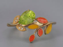 Load image into Gallery viewer, 14k gold Peridot and diamonds ring. Enamel ring. Flower Ring. Twig ring. Leaf Ring. Open Ended Ring. Forest Ring. August birthstone ring.