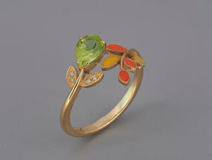 14k gold Peridot and diamonds ring. Enamel ring. Flower Ring. Twig ring. Leaf Ring. Open Ended Ring. Forest Ring. August birthstone ring.