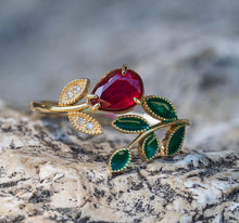 Load image into Gallery viewer, Ruby ring. Enamel ring. Flower Ring. Twig ring. Berry ring. Leaves ring. Plant nature jewelry. Botanical engagement ring. Open Ended Ring.